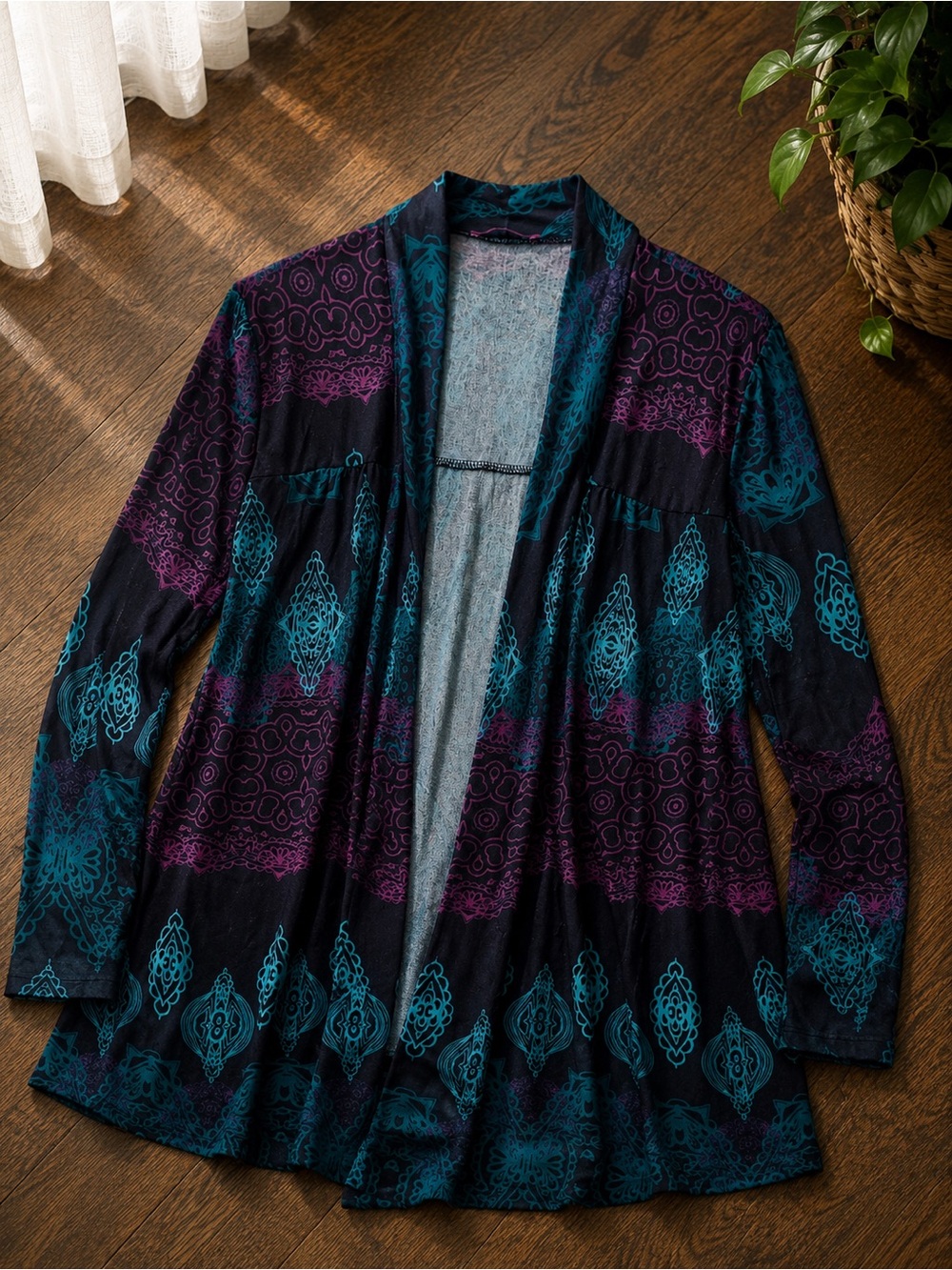 Simply Aster Women’s Open Front Cardigan Teal Purple Black Boho Print 2x